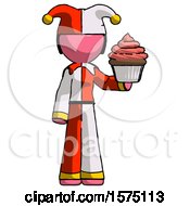 Pink Jester Joker Man Presenting Pink Cupcake To Viewer