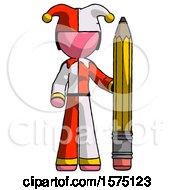 Pink Jester Joker Man With Large Pencil Standing Ready To Write