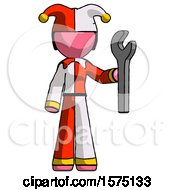 Poster, Art Print Of Pink Jester Joker Man Holding Wrench Ready To Repair Or Work