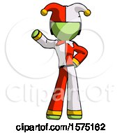 Green Jester Joker Man Waving Right Arm With Hand On Hip