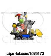 Poster, Art Print Of Green Jester Joker Man Flying In Gyrocopter Front Side Angle View