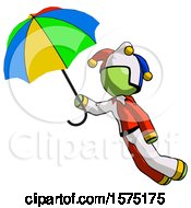 Green Jester Joker Man Flying With Rainbow Colored Umbrella