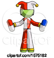 Green Jester Joker Man Holding A Red Pill And Blue Pill