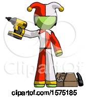 Poster, Art Print Of Green Jester Joker Man Holding Drill Ready To Work Toolchest And Tools To Right