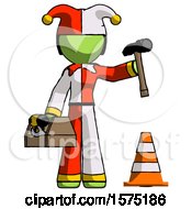 Poster, Art Print Of Green Jester Joker Man Under Construction Concept Traffic Cone And Tools