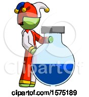 Poster, Art Print Of Green Jester Joker Man Standing Beside Large Round Flask Or Beaker