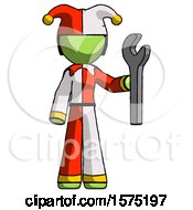 Green Jester Joker Man Holding Wrench Ready To Repair Or Work