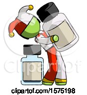 Green Jester Joker Man Holding Large White Medicine Bottle With Bottle In Background