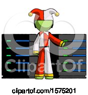 Poster, Art Print Of Green Jester Joker Man With Server Racks In Front Of Two Networked Systems