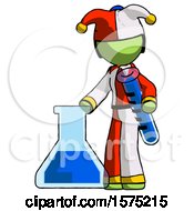 Poster, Art Print Of Green Jester Joker Man Holding Test Tube Beside Beaker Or Flask