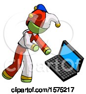Green Jester Joker Man Throwing Laptop Computer In Frustration