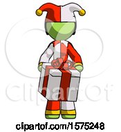Poster, Art Print Of Green Jester Joker Man Gifting Present With Large Bow Front View