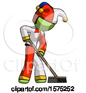 Poster, Art Print Of Green Jester Joker Man Cleaning Services Janitor Sweeping Side View
