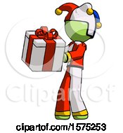Green Jester Joker Man Presenting A Present With Large Red Bow On It