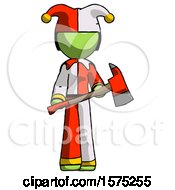 Green Jester Joker Man Holding Red Fire Fighters Ax