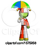 Poster, Art Print Of Green Jester Joker Man Holding Umbrella Rainbow Colored
