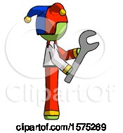 Poster, Art Print Of Green Jester Joker Man Using Wrench Adjusting Something To Right