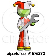 Green Jester Joker Man Holding Large Wrench With Both Hands