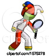 Poster, Art Print Of Green Jester Joker Man Inspecting With Large Magnifying Glass Right