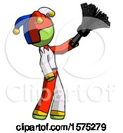 Poster, Art Print Of Green Jester Joker Man Dusting With Feather Duster Upwards