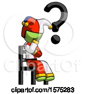 Poster, Art Print Of Green Jester Joker Man Question Mark Concept Sitting On Chair Thinking