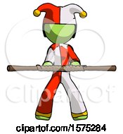 Green Jester Joker Man Bo Staff Kung Fu Defense Pose