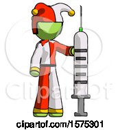 Green Jester Joker Man Holding Large Syringe