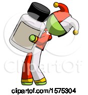 Green Jester Joker Man Holding Large White Medicine Bottle