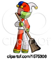 Poster, Art Print Of Green Jester Joker Man Sweeping Area With Broom