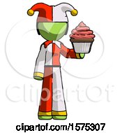 Green Jester Joker Man Presenting Pink Cupcake To Viewer