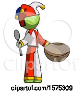 Poster, Art Print Of Green Jester Joker Man With Empty Bowl And Spoon Ready To Make Something