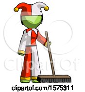 Green Jester Joker Man Standing With Industrial Broom