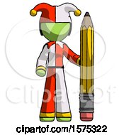 Poster, Art Print Of Green Jester Joker Man With Large Pencil Standing Ready To Write