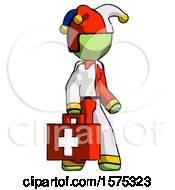 Green Jester Joker Man Walking With Medical Aid Briefcase To Right