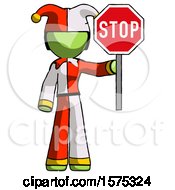 Poster, Art Print Of Green Jester Joker Man Holding Stop Sign