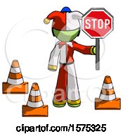 Poster, Art Print Of Green Jester Joker Man Holding Stop Sign By Traffic Cones Under Construction Concept
