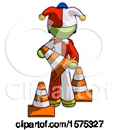 Poster, Art Print Of Green Jester Joker Man Holding A Traffic Cone