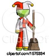 Green Jester Joker Man Standing With Broom Cleaning Services