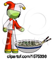 Poster, Art Print Of Green Jester Joker Man And Noodle Bowl Giant Soup Restaraunt Concept