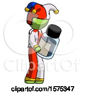 Green Jester Joker Man Holding Glass Medicine Bottle