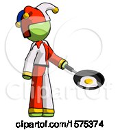 Poster, Art Print Of Green Jester Joker Man Frying Egg In Pan Or Wok Facing Right