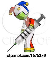 Poster, Art Print Of Green Jester Joker Man Using Syringe Giving Injection