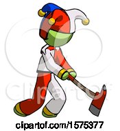 Green Jester Joker Man Striking With A Red Firefighters Ax
