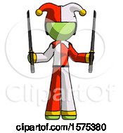 Poster, Art Print Of Green Jester Joker Man Posing With Two Ninja Sword Katanas Up