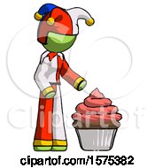 Poster, Art Print Of Green Jester Joker Man With Giant Cupcake Dessert