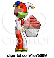 Poster, Art Print Of Green Jester Joker Man Holding Large Cupcake Ready To Eat Or Serve