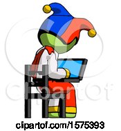 Poster, Art Print Of Green Jester Joker Man Using Laptop Computer While Sitting In Chair View From Back