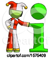 Poster, Art Print Of Green Jester Joker Man With Info Symbol Leaning Up Against It