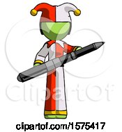 Green Jester Joker Man Posing Confidently With Giant Pen