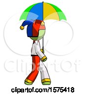 Poster, Art Print Of Green Jester Joker Man Walking With Colored Umbrella